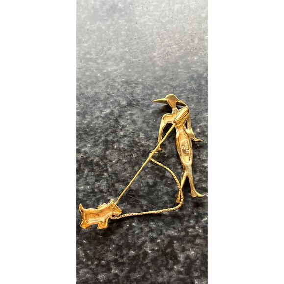 Vintage CAROLEE Signed Woman Walking Scottie Dog Brooch Pin Diamanté Crystals - Picture 3 of 7